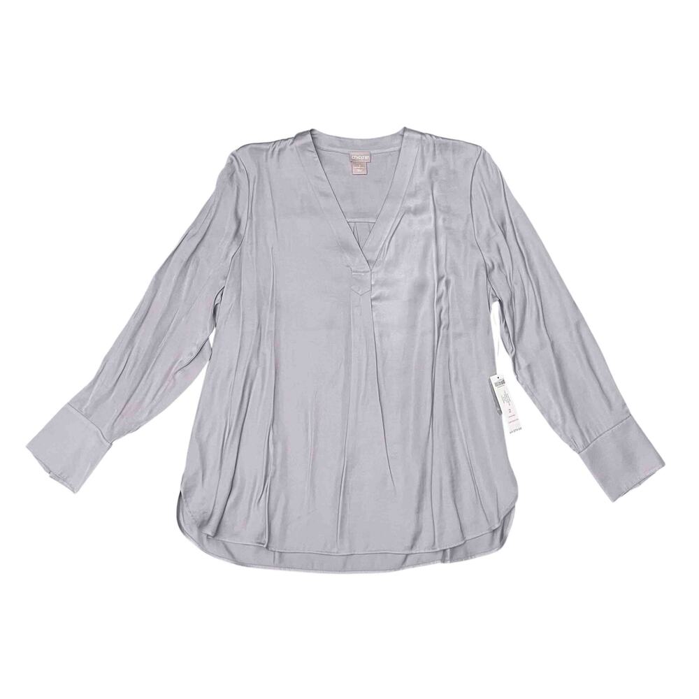 Chico's NWT Long Sleeve V Neck Blouse Size 2 Silver Career Business Woven Top